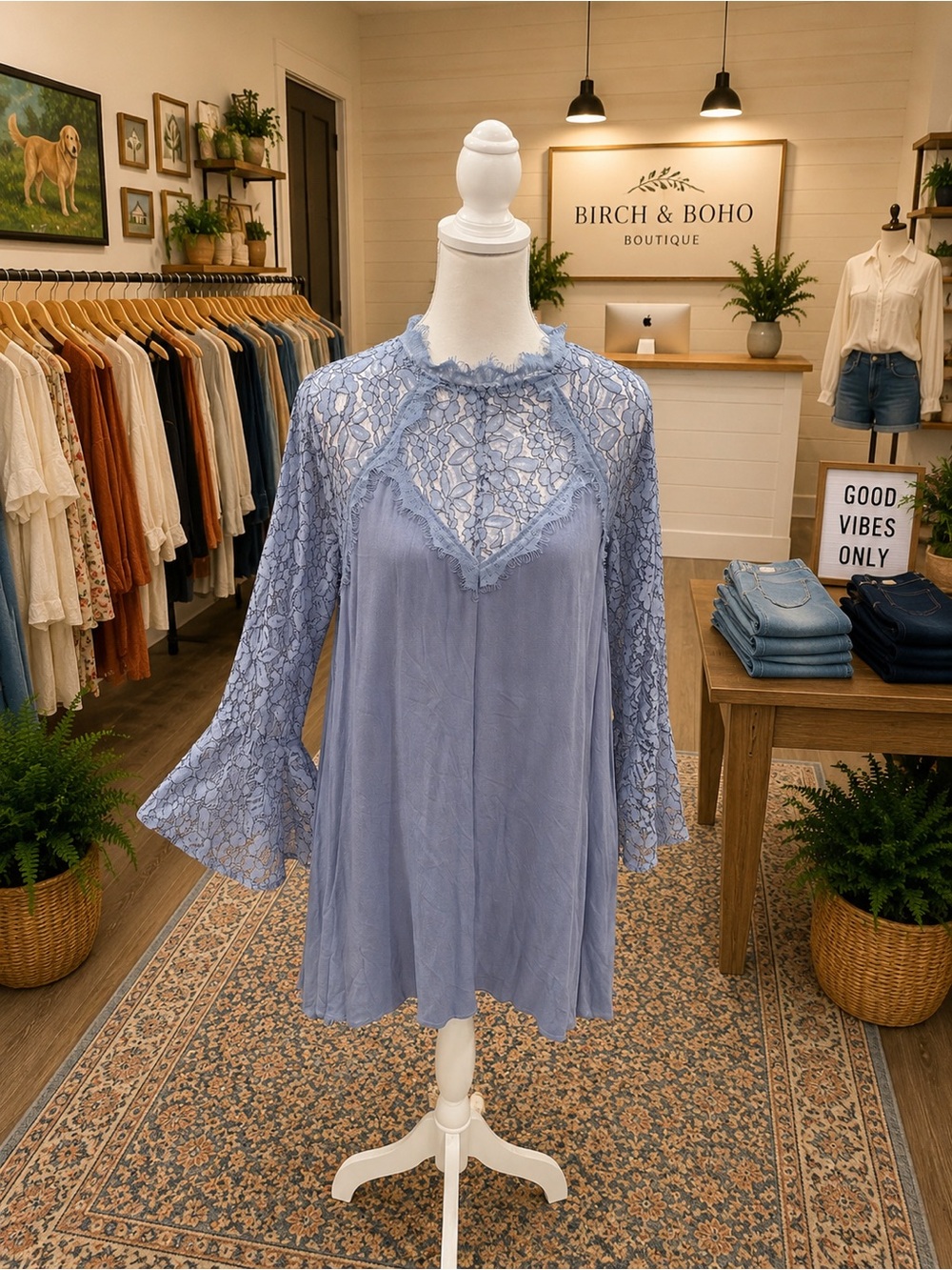 Umgee Blue Lace Detail Bell Sleeve Tunic Top Large Boho Romantic